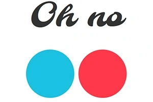Černý nápis Oh no nad modrým a červeným kruhem na bílém pozadí