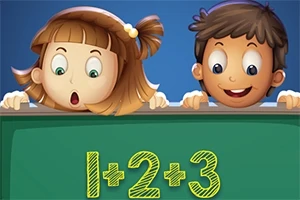 Dvě kreslené děti se dívají na tabuli s jednoduchým matematickým příkladem 1+2+3
