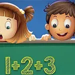 Dvě kreslené děti se dívají na tabuli s jednoduchým matematickým příkladem 1+2+3