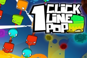 Barevné čtvercové obličeje s různými výrazy na modrém pozadí s velkým nápisem 1 Click Line Pop