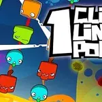 Barevné čtvercové obličeje s různými výrazy na modrém pozadí s velkým nápisem 1 Click Line Pop