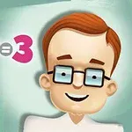 Karikatura usmívajícího se muže s brýlemi a matematickou rovnicí 1+2=3 na zeleném pozadí