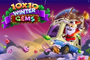 Santa Claus jede ve vzduchu na voze plném drahokamů s barevným logem 10x10 Winter Gems nahoře