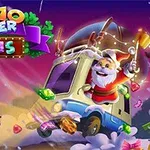 Santa Claus jede ve vzduchu na voze plném drahokamů s barevným logem 10x10 Winter Gems nahoře