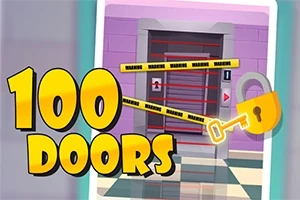Barevná ilustrace s nápisem 100 Doors, zámkem a dveřmi zajištěnými páskou s nápisem Warning