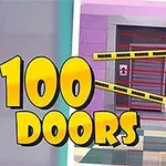 Barevná ilustrace s nápisem 100 Doors, zámkem a dveřmi zajištěnými páskou s nápisem Warning