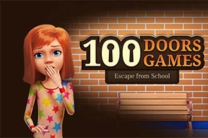 Dívka se zrzavými vlasy v barevném oblečení stojí vedle cihlové zdi s názvem 100 Doors Games