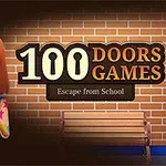 Dívka se zrzavými vlasy v barevném oblečení stojí vedle cihlové zdi s názvem 100 Doors Games