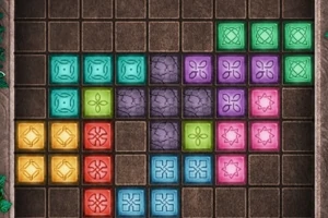 Barevný mozaikový vzor složený z různých geometrických bloků na hnědém mřížkovaném pozadí
