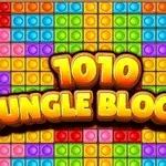 Barevné bloky v různých tvarech s nápisem 1010 Jungle Blocks ve středu