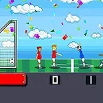 Dva pixelově animovaní fotbalisté v červených dresech a dva v modrých na fotbalovém hřišti s brankami, na pozadí nebe s mraky a konfety