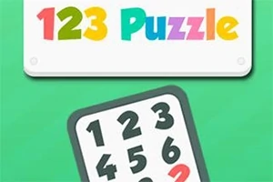 Barevný nápis „123 Puzzle“ a deska s čísly na zeleném pozadí