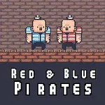 Dva pixeloví piráti, z nichž jeden je v modrém a druhý v červeném pruhovaném oblečení, stojí na cihelném podkladu s nápisem Red & Blue Pirates pod nimi