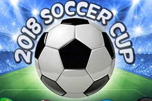 Fotbalový míč na stadionu s nápisem 2018 Soccer Cup na modrém pozadí