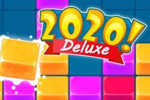 Světle modré pozadí se zářivými barevnými kostkami a textem 2020 Deluxe na červené stuze