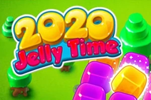 Nápis 2020 Jelly Time v barevných písmenech na zeleném pozadí s animovanými stromy a želatinovými kostkami