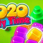 Nápis 2020 Jelly Time v barevných písmenech na zeleném pozadí s animovanými stromy a želatinovými kostkami