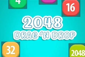 Barevné čtverce s čísly 4, 16, 32, 2048 a nápisem 2048 Drag N Drop na modrém pozadí