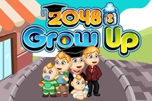 Rodina kreslených postaviček různého věku stojící na chodníku před obchodem, s nápisem 2048 Grow Up v horní části