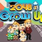 Rodina kreslených postaviček různého věku stojící na chodníku před obchodem, s nápisem 2048 Grow Up v horní části