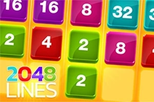 Barevná mřížka s čísly jako 16, 32, 8, 4 a 2 na barevných dlaždicích s nápisem 2048 Lines dole