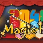 Barevné číslice a text Magic Hex s kouzelnou hůlkou na pozadí s červenými závěsy