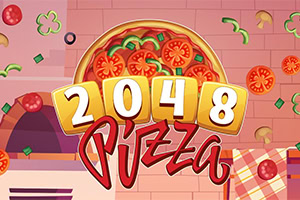 Nápis „2048 Pizza před pizzou s rajčaty, paprikou a bylinkami na růžovém dlaždicovém pozadí