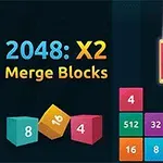 Barevné číselné bloky s čísly jako 2048, 512 a 32 se skládají a spojují na tmavém pozadí s nápisem 2048: X2 Merge Blocks