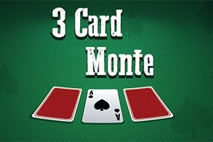 Nápis 3 Card Monte nad třemi kartami na zeleném pozadí, kde prostřední karta je ukázána jako pikové eso