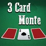Nápis 3 Card Monte nad třemi kartami na zeleném pozadí, kde prostřední karta je ukázána jako pikové eso