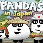 Tři pandy v japonských kostýmech na pozadí s asijskou architekturou