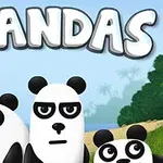 Tři kreslené pandy s různými výrazy na pláži s lodí a tropickým pozadím