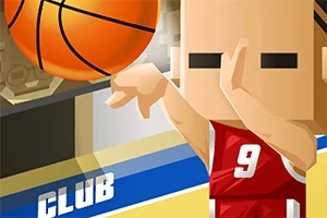 Kreslená postavička ve sportovním dresu s číslem 9 hází basketbalový míč na hřišti před modro-žlutým pozadím s nápisem CLUB