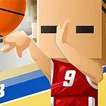 Kreslená postavička ve sportovním dresu s číslem 9 hází basketbalový míč na hřišti před modro-žlutým pozadím s nápisem CLUB