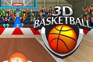 Basketbalový míč na hřišti s nápisem 3D Basketball a tribunou plnou fanoušků v pozadí