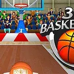 Basketbalový míč na hřišti s nápisem 3D Basketball a tribunou plnou fanoušků v pozadí