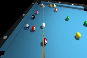 Biliardový stůl s tágo mířící na bílou kouli, obklopenou různobarevnými koulemi