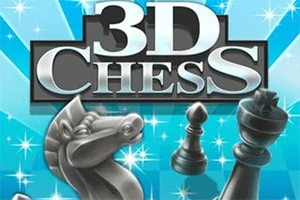 Název 3D Chess s šachovými figurkami, včetně koně, pěšáka a krále, na modrém pozadí s hvězdami