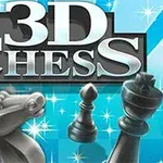 Název 3D Chess s šachovými figurkami, včetně koně, pěšáka a krále, na modrém pozadí s hvězdami