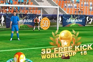 Fotbalový hráč stojí na hřišti před brankou s míčem v popředí a textem 3D Free Kick World Cup 18