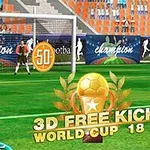 Fotbalový hráč stojí na hřišti před brankou s míčem v popředí a textem 3D Free Kick World Cup 18