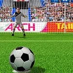 Fotbalový míč připravený k penaltovému kopu s brankářem v pozadí na stadionu