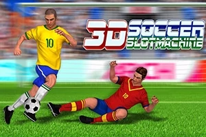 Fotbalista v žlutém dresu s číslem deset vede míč, zatímco hráč v červeném dresu skluzuje na trávníku, s nápisem 3D Soccer Slot Machine nad nimi