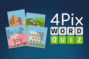 Čtyři stylizované obrázky památek na modrém pozadí vedle textu 4Pix Word Quiz