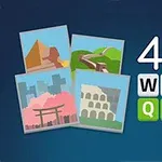 Čtyři stylizované obrázky památek na modrém pozadí vedle textu 4Pix Word Quiz