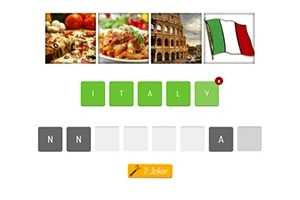 Čtyři obrázky zobrazující pizzu, těstoviny, Koloseum a italskou vlajku s písmeny tvořícími slovo ITALY