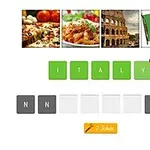 Čtyři obrázky zobrazující pizzu, těstoviny, Koloseum a italskou vlajku s písmeny tvořícími slovo ITALY