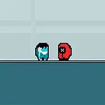 Dva pixely znázorněné postavy, modrá a červená, stojí vedle sebe na modrošedém pozadí