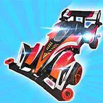 Barevné futuristické závodní auto s efektem záře na modrém pozadí
