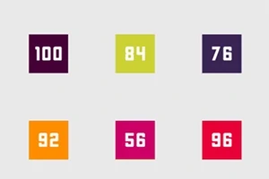Šest čtverců s čísly 100, 84, 76, 92, 56, a 96, každý v jiné barvě na světle šedém pozadí